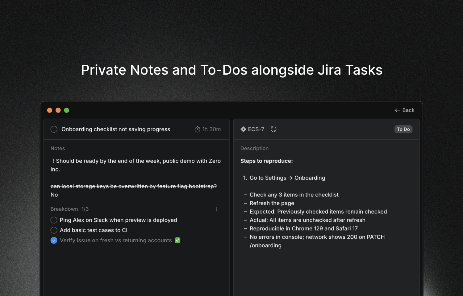 Jira issue details alongside your private notes in Locu