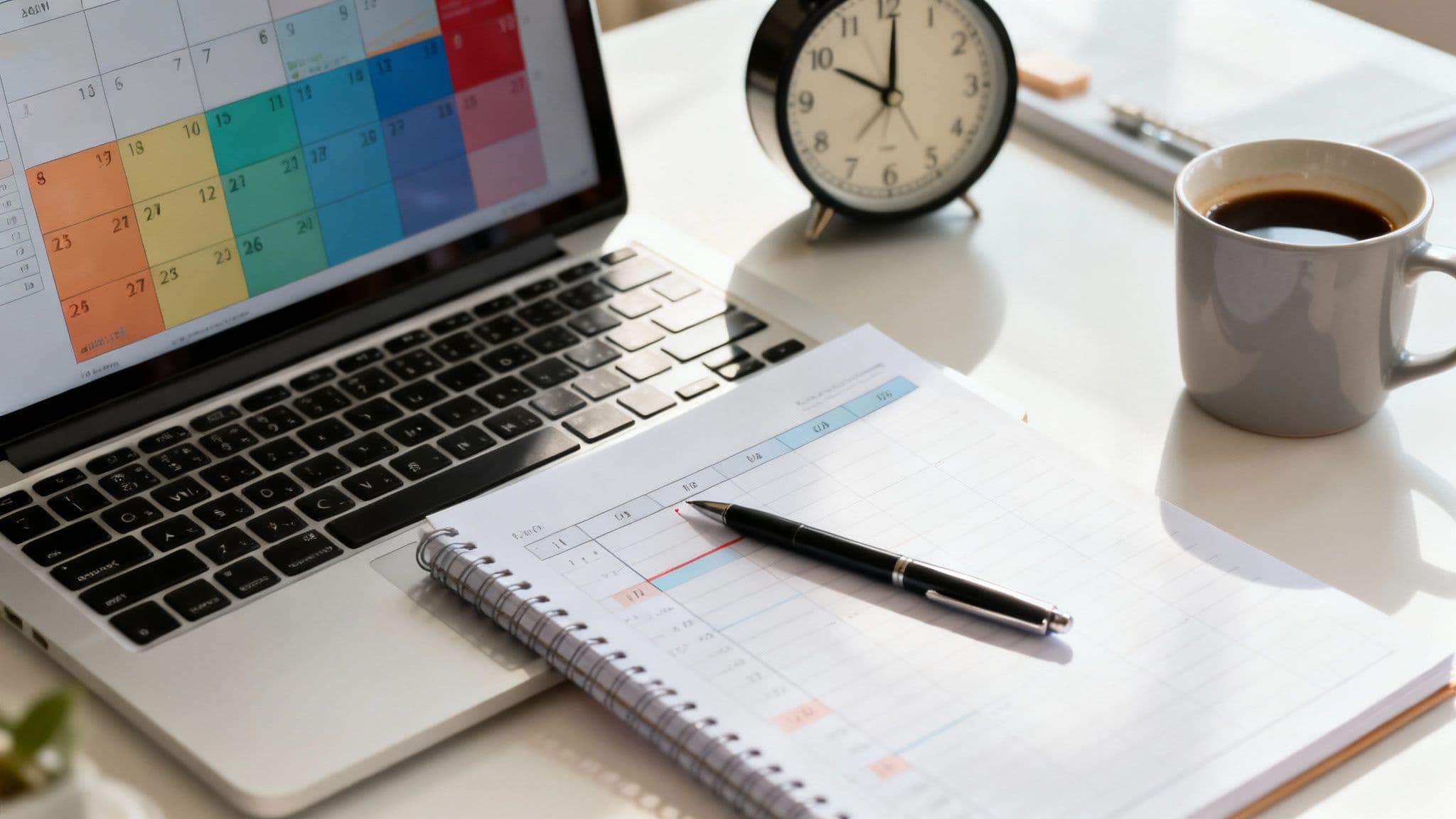 A clean and organized desk with a laptop displaying a calendar, a notebook, pen, coffee, and an alarm clock.
