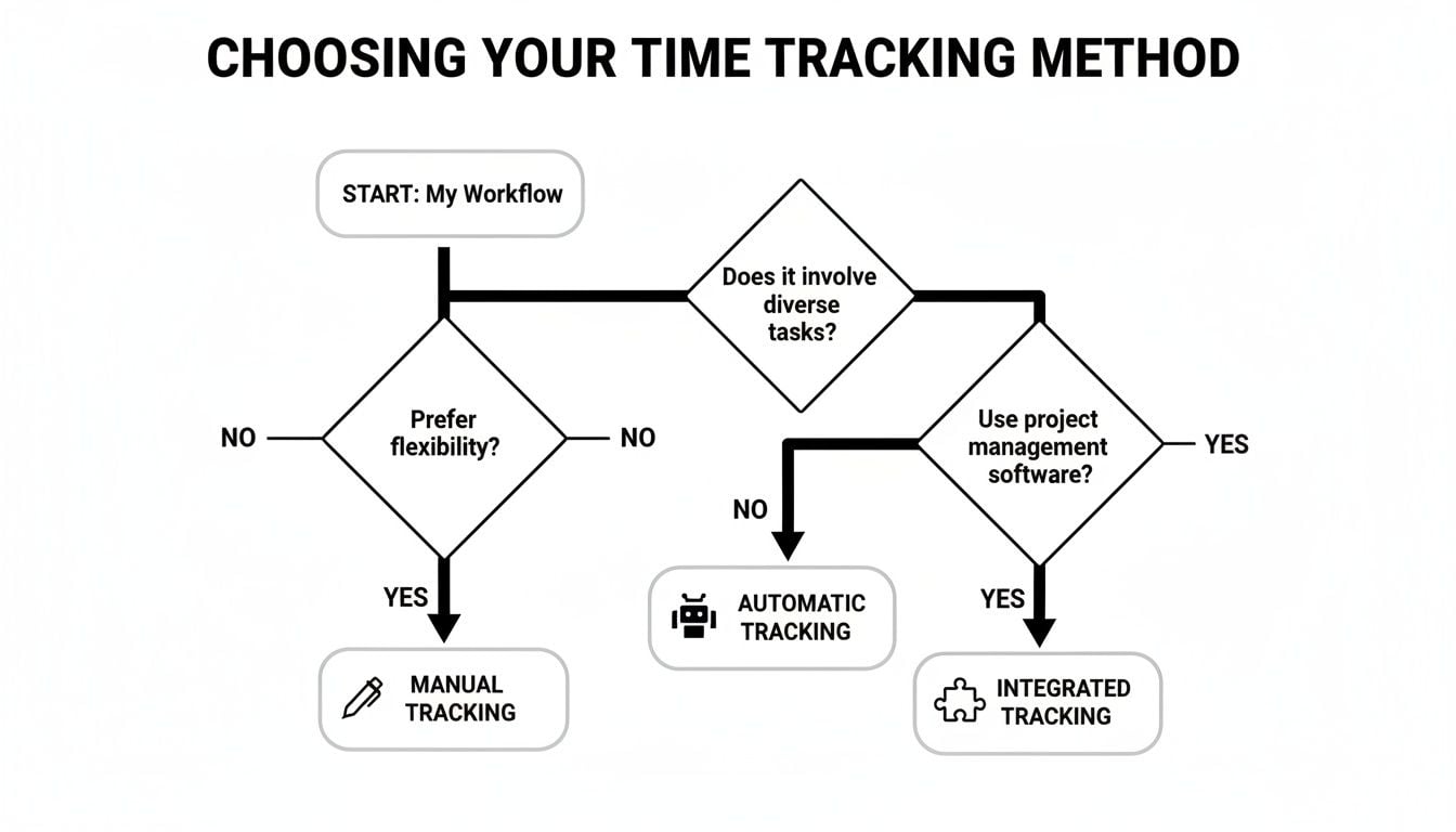 Flowchart guiding the choice of time tracking methods based on flexibility, task diversity, and software use.