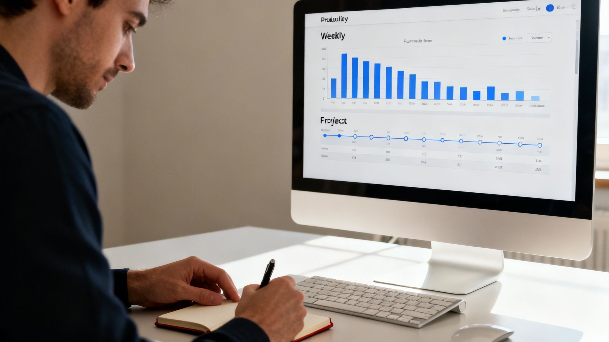 A man analyzes project data and weekly productivity on a computer while writing in a notebook.