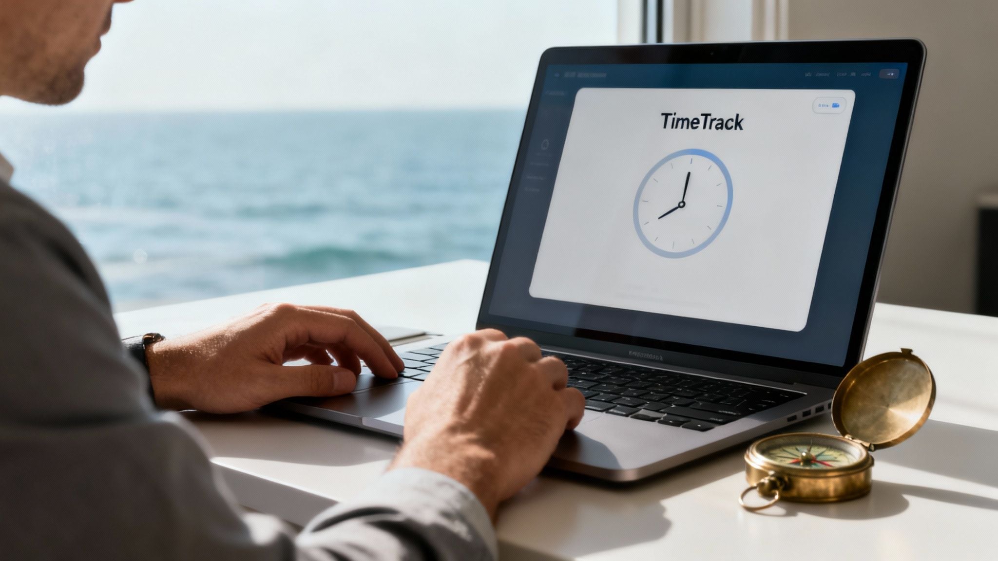 A person uses a laptop displaying a 'TimeTrack' application with a clock, by an ocean window.