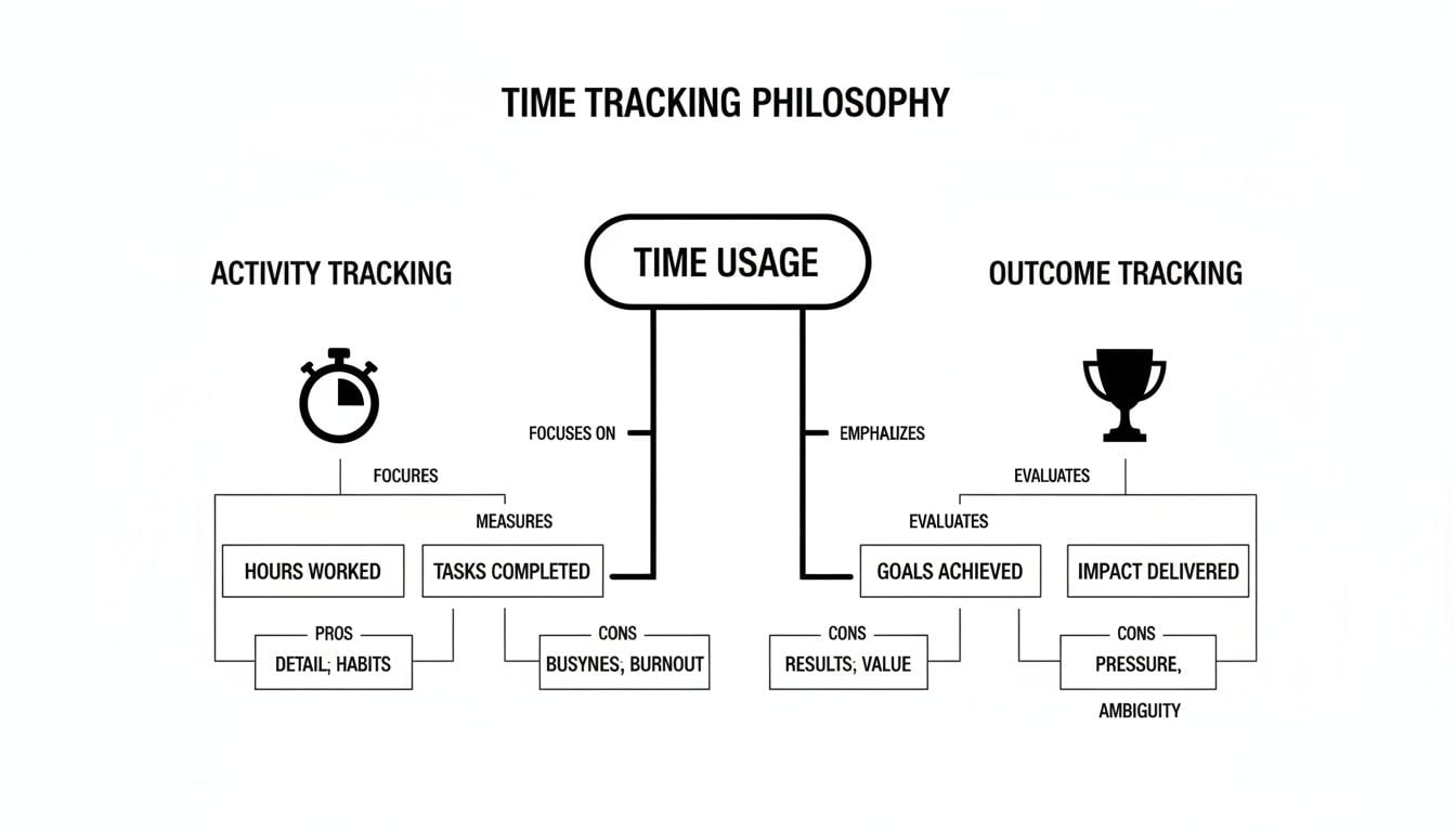 Diagram illustrating time tracking philosophy, comparing activity tracking (hours, tasks) with outcome tracking (goals, impact) methods and their pros/cons.