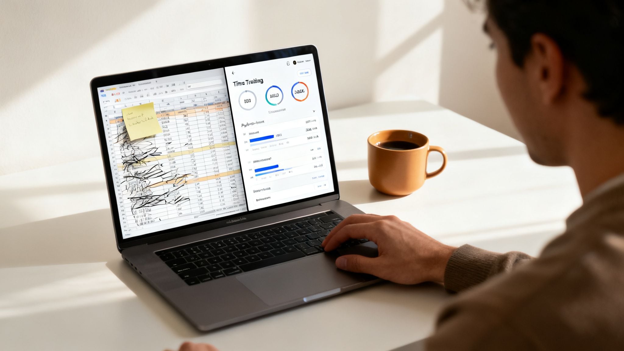 Person on laptop with time tracking dashboard and spreadsheet, a coffee mug nearby.