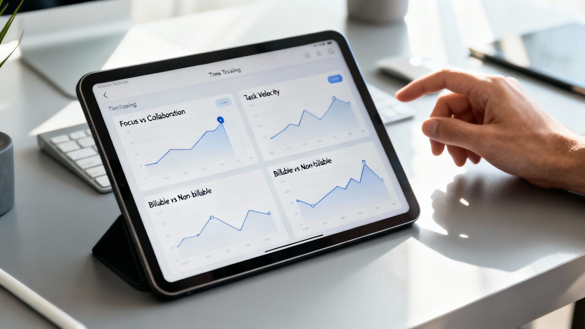 A person's hand interacts with a tablet displaying time tracking and productivity charts on a desk.