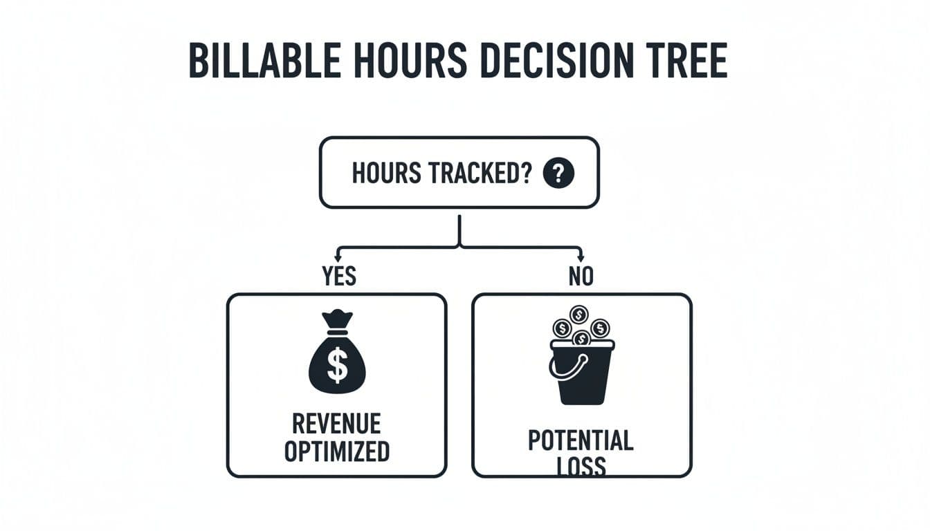 A billable hours decision tree diagram showing that tracking hours leads to optimized revenue, while not tracking hours results in potential loss.