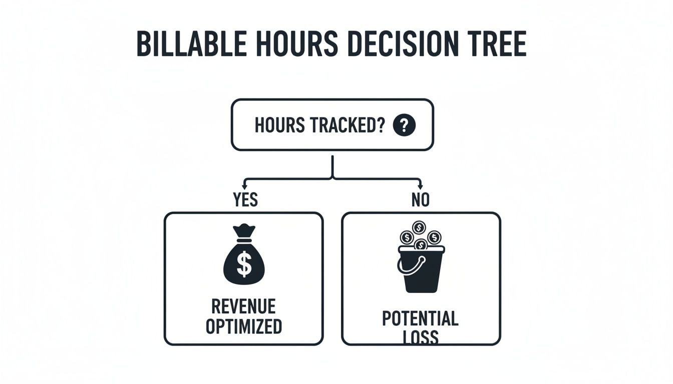 A billable hours decision tree diagram showing that tracking hours leads to optimized revenue, while not tracking hours results in potential loss.