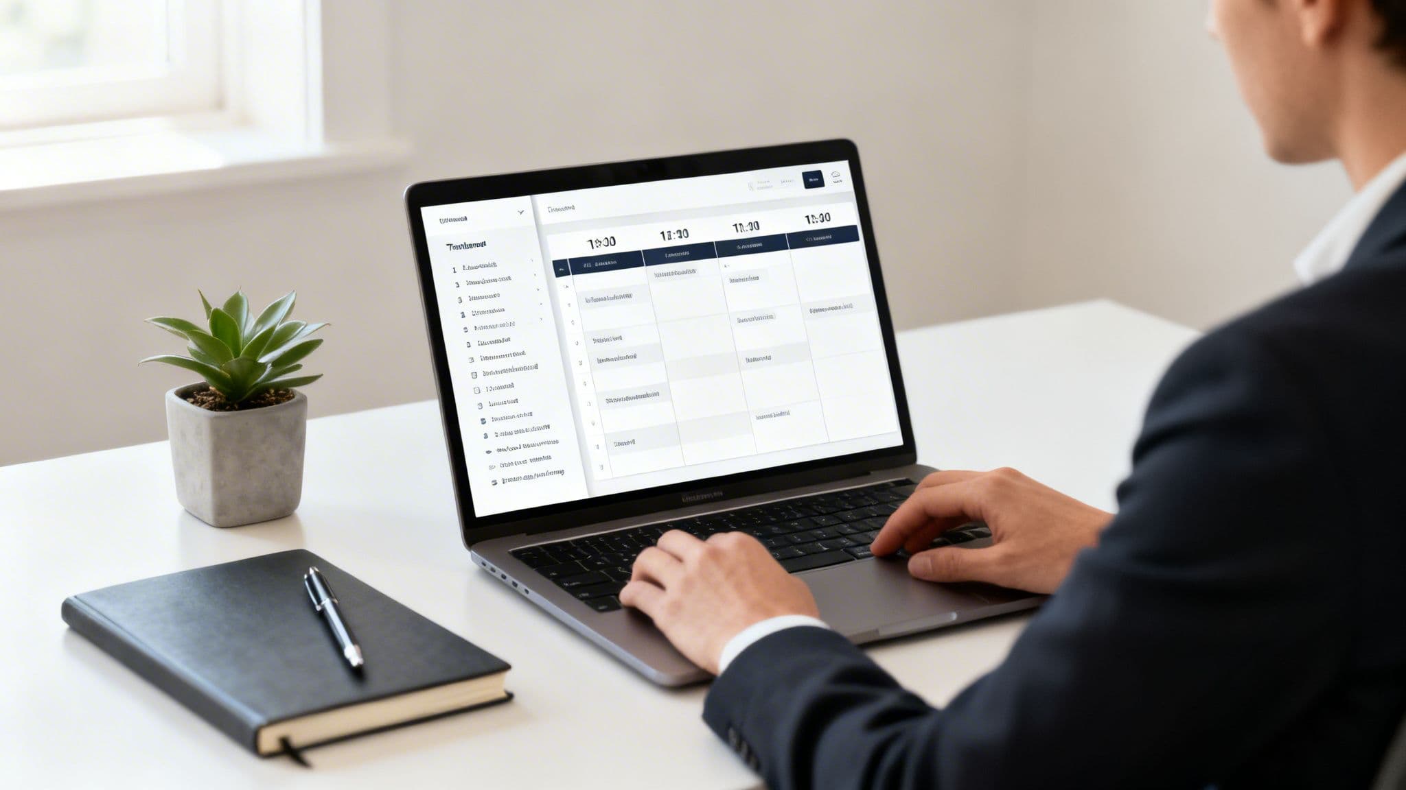 Businessman using a laptop displaying a digital calendar or task management system on a white desk.