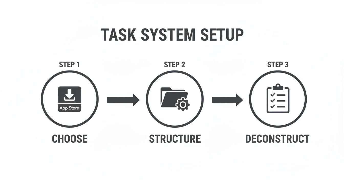 Diagram illustrating a three-step task system setup: Choose, Structure, and Deconstruct tasks.