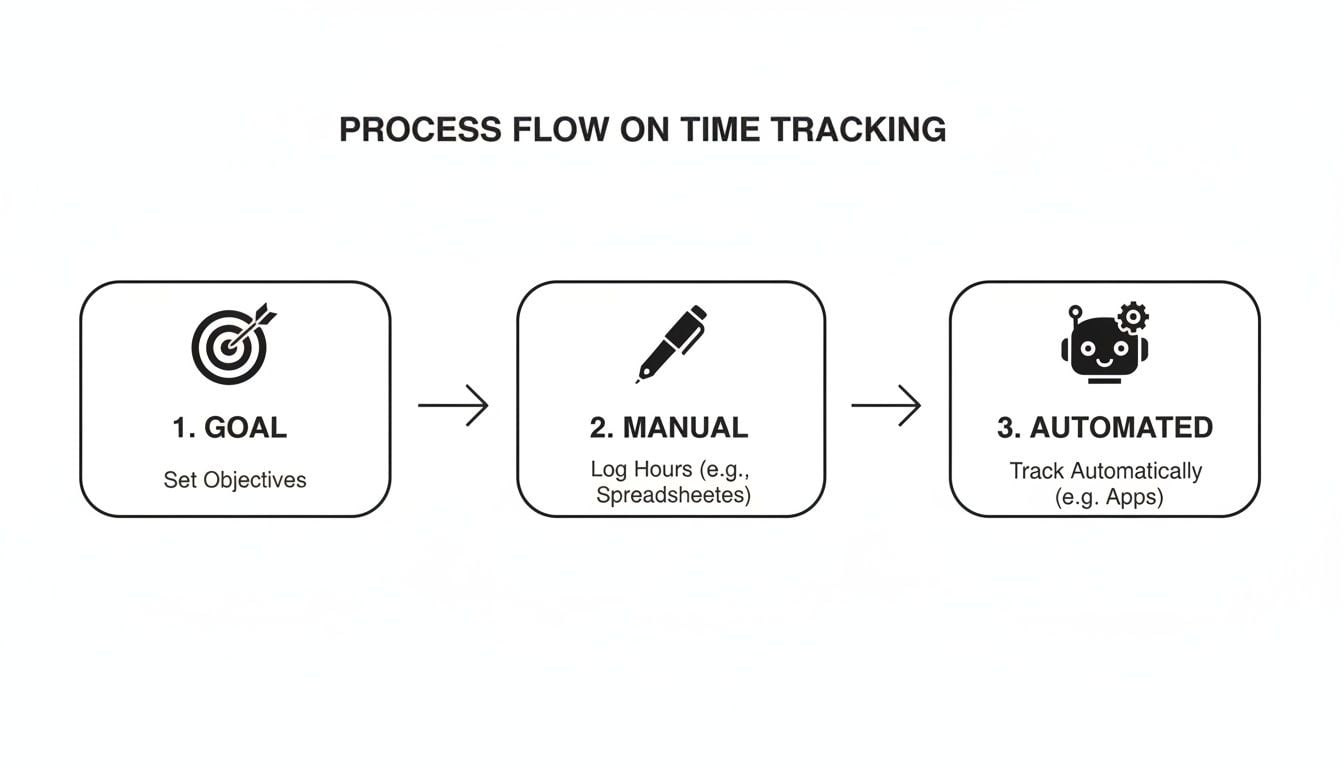 Diagram showing time tracking process flow: setting goals, manual logging, and automated tracking.