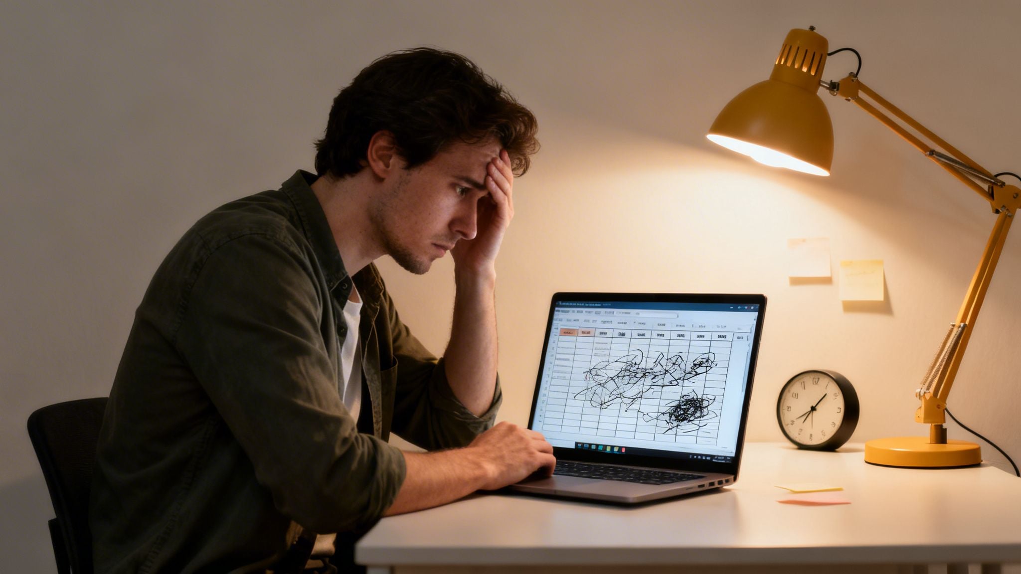 A man looking frustrated at a chaotic spreadsheet on his laptop, late at night.