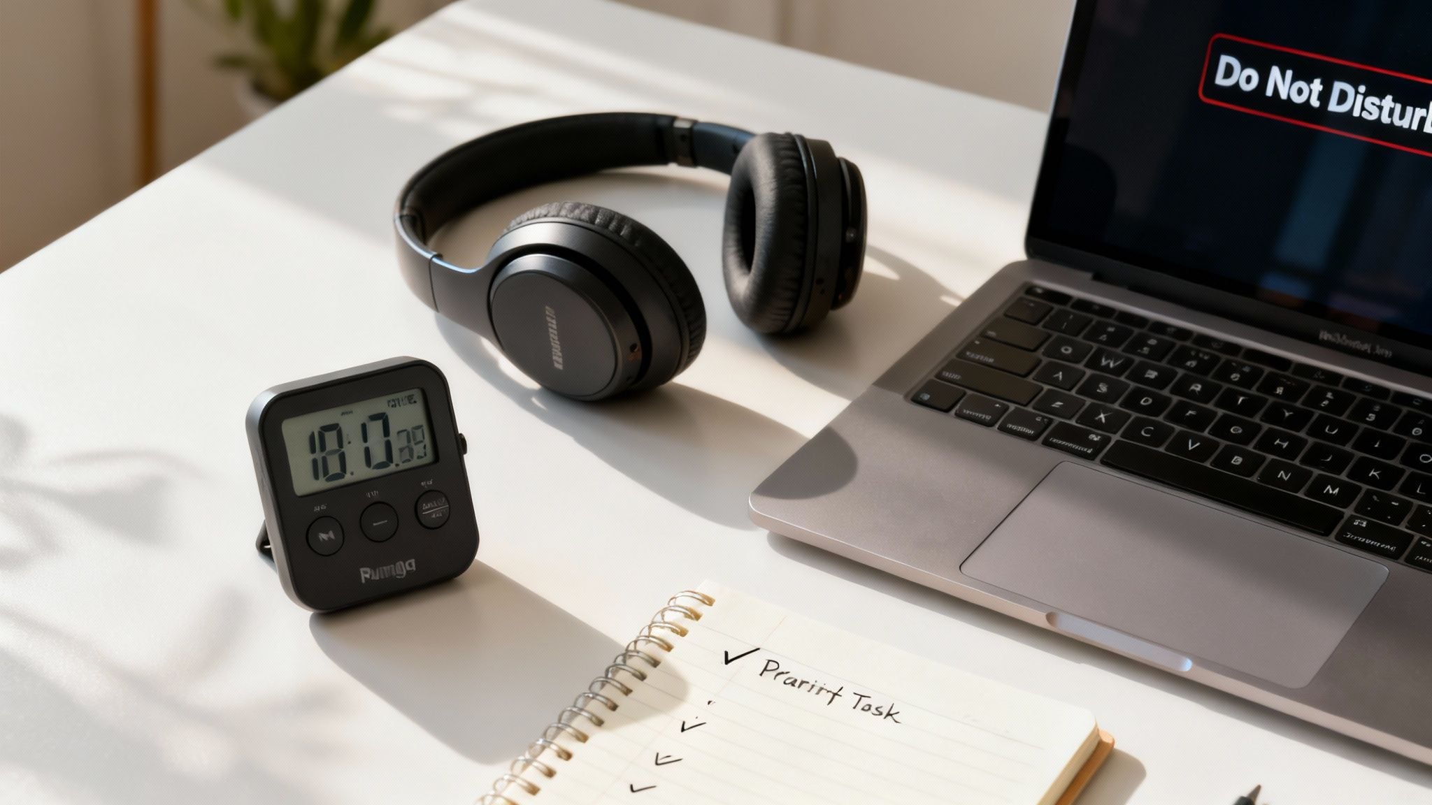 A focused workspace with a laptop displaying 'Do Not Disturb', headphones, a digital timer, and a to-do list.