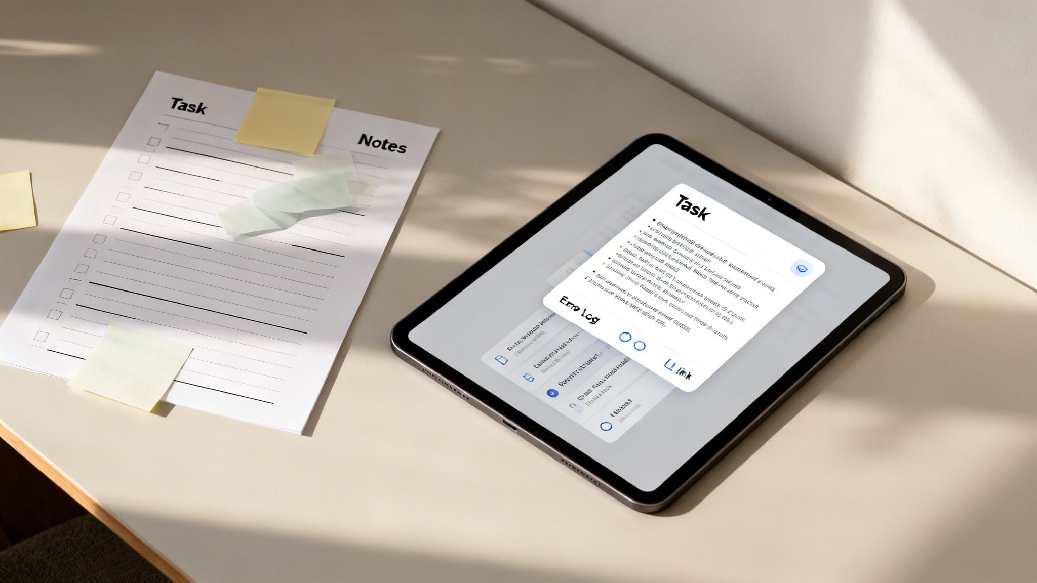 A minimalist desk setup featuring a paper to-do list and a digital task app on a tablet.