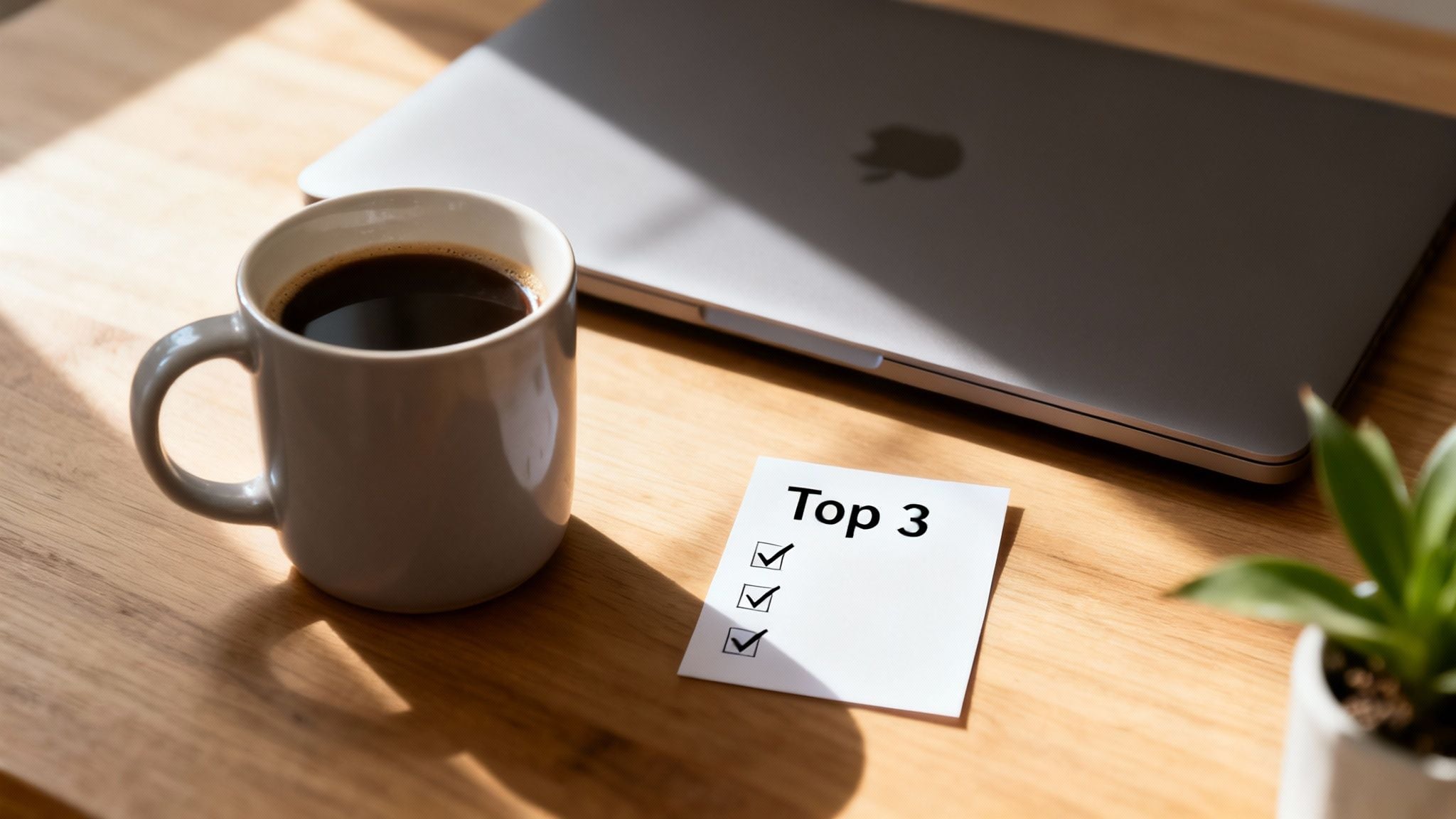 A light wooden desk features a coffee, closed laptop, a "Top 3" checklist, and a small plant.