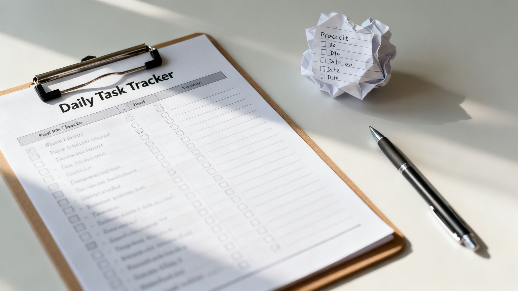 A daily task tracker on a clipboard, a pen, and a crumpled checklist paper on a white desk.