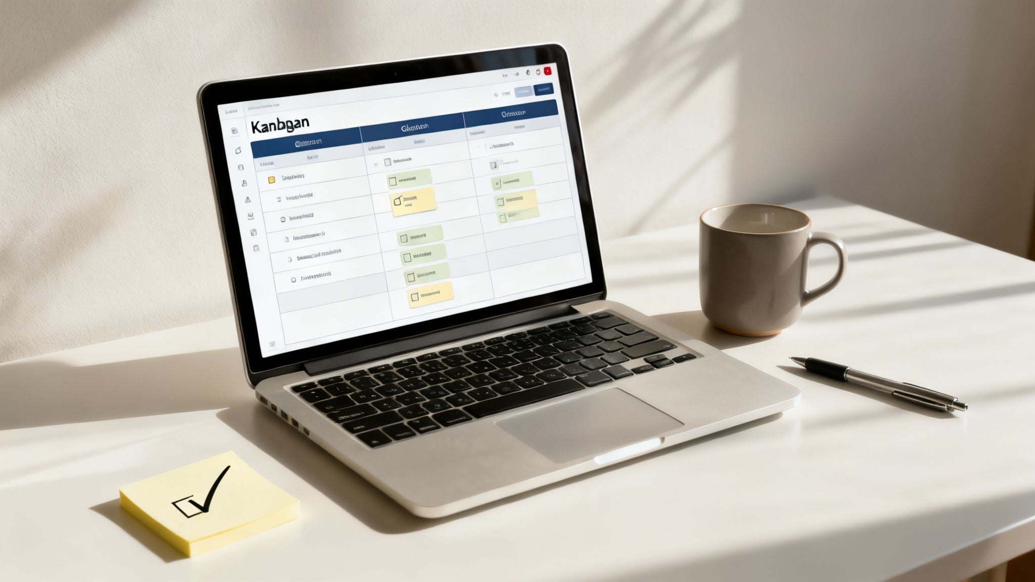 Laptop open to a Kanban task board, with a coffee mug and pen on a white desk.
