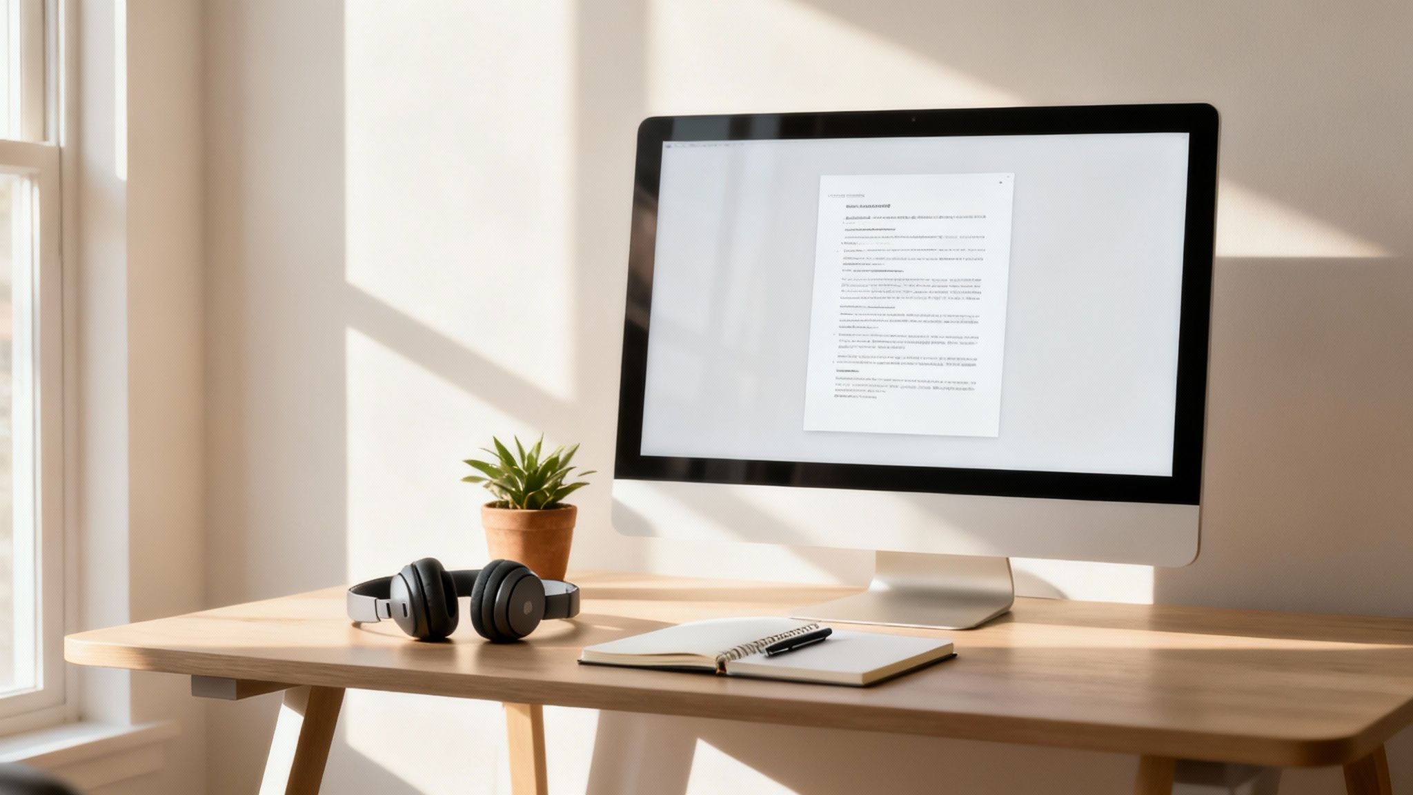 A clean and minimalist workspace with a computer, headphones, plant, and notebook on a wooden desk, bathed in natural light.