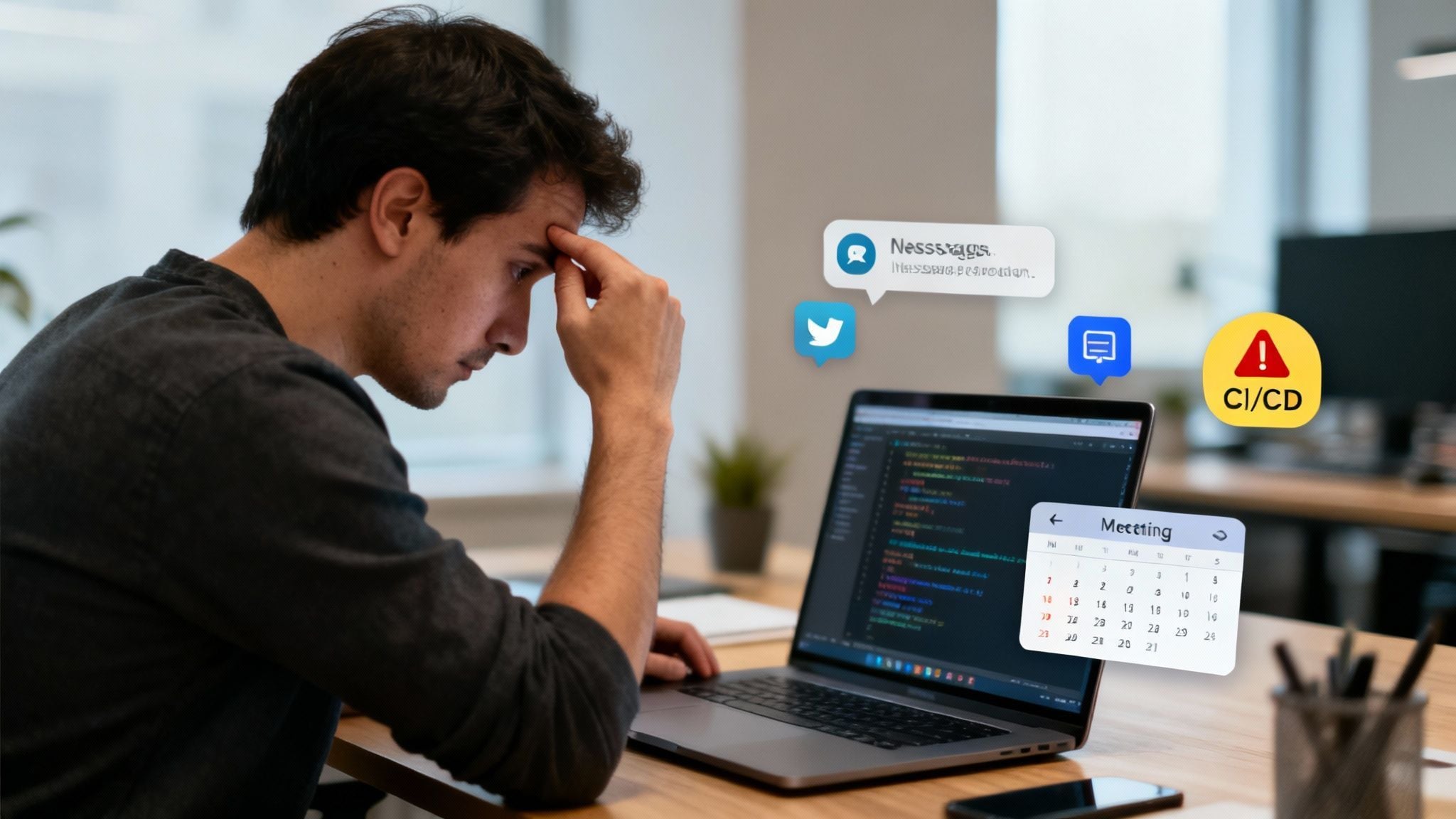 A frustrated developer is overwhelmed by digital notifications and a calendar while working on his laptop.