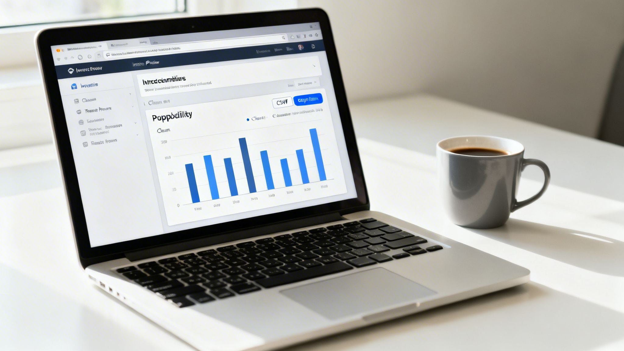 A laptop displays a business dashboard with a bar chart, next to a coffee mug on a white desk.