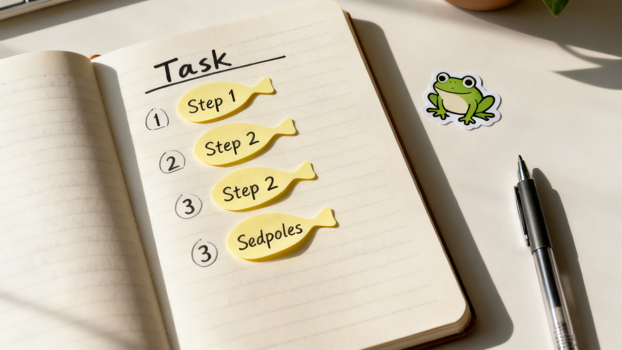 An open notebook displays a 'Task' list with fish-shaped sticky notes, a frog sticker, and a pen.