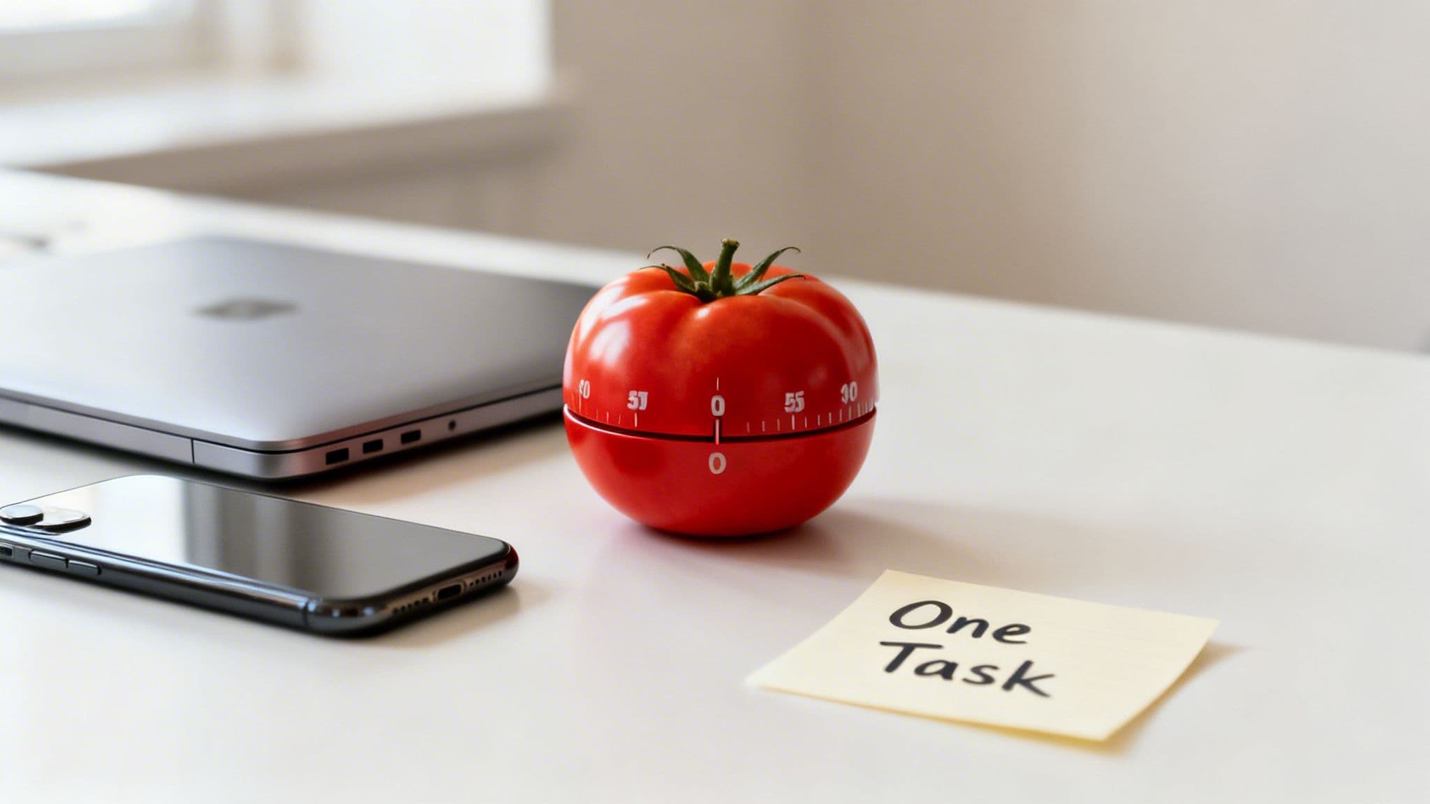 A minimalist desk with a red tomato timer, laptop, phone, and 'One Task' sticky note.