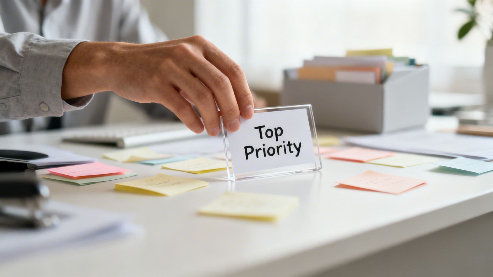 A hand places a "Top Priority" sign on a desk with colorful sticky notes, emphasizing task management.
