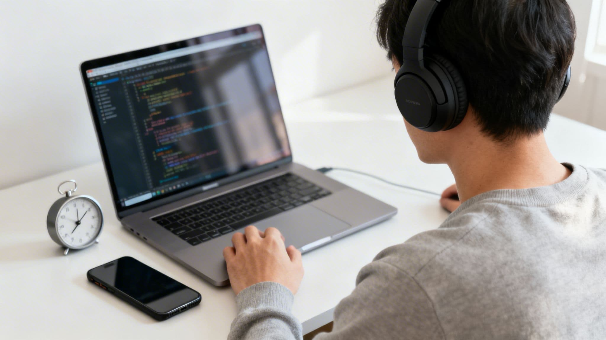 Person wearing headphones, working on a laptop with code, an alarm clock, and a phone.