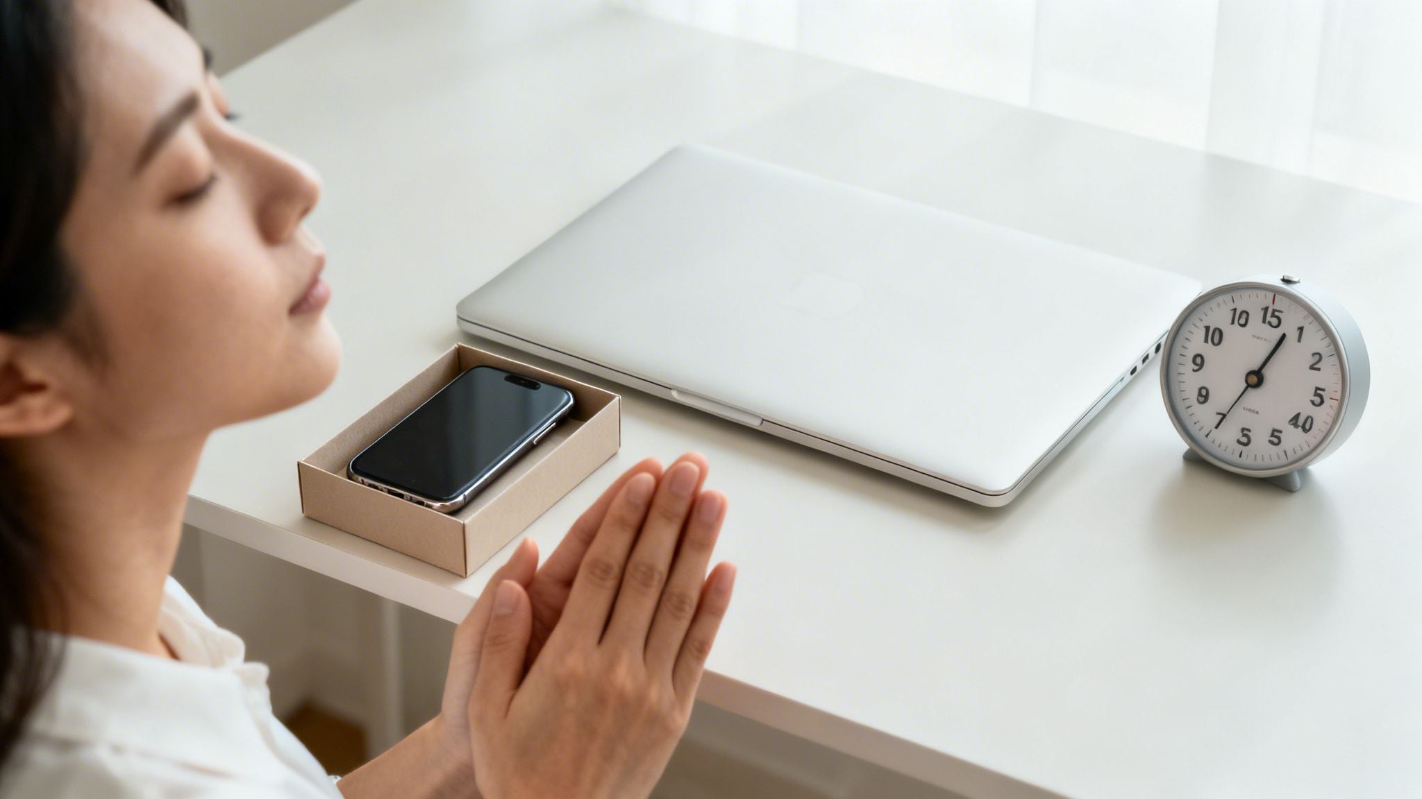 Woman meditating with eyes closed at a desk, near a smartphone, laptop, and alarm clock.
