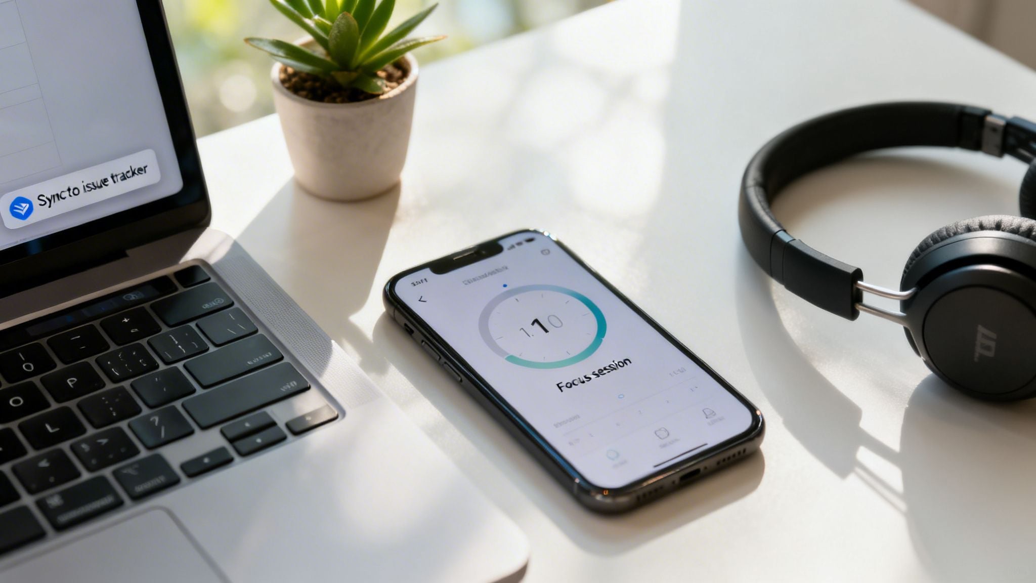 A laptop displaying a 'Sync to issue tracker' message next to a phone with a 'Focus session' app and headphones.