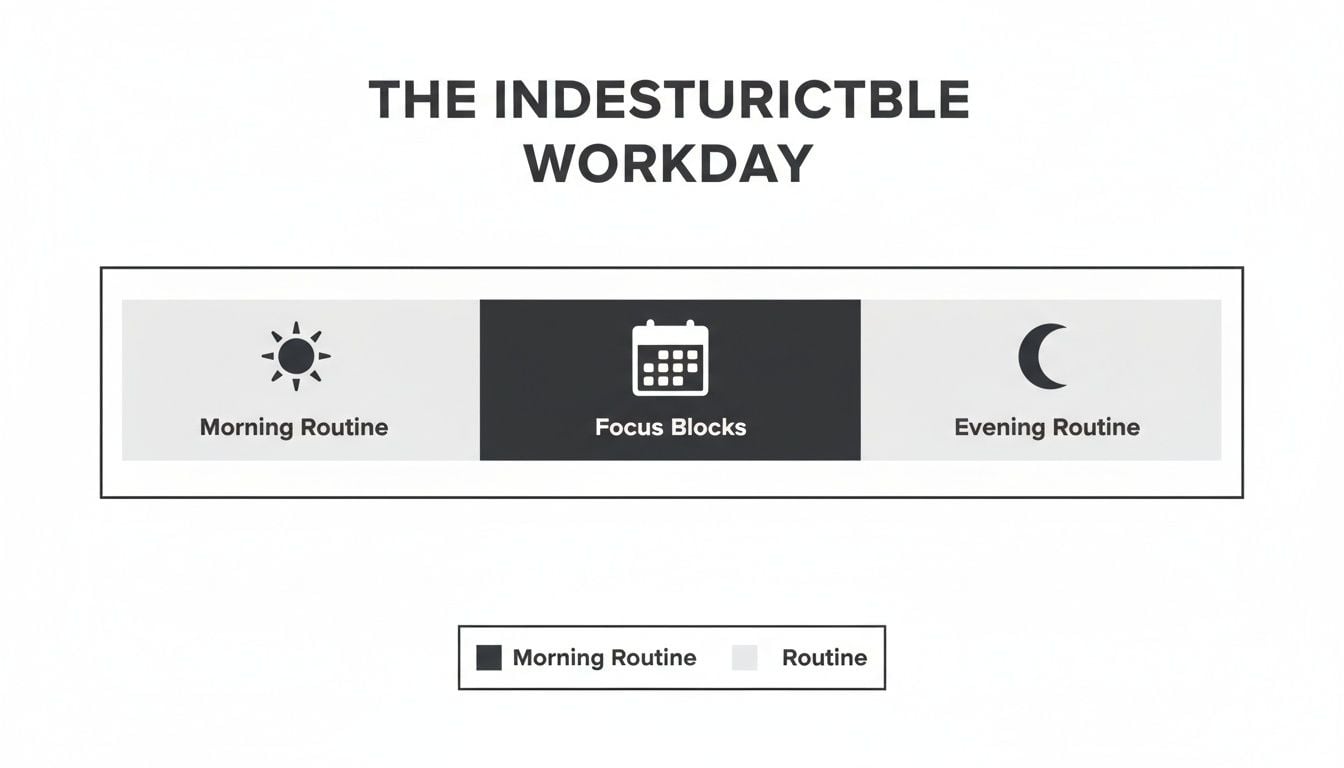 A diagram titled 'The Indestructible Workday' illustrating a daily structure with morning, focus, and evening routines.
