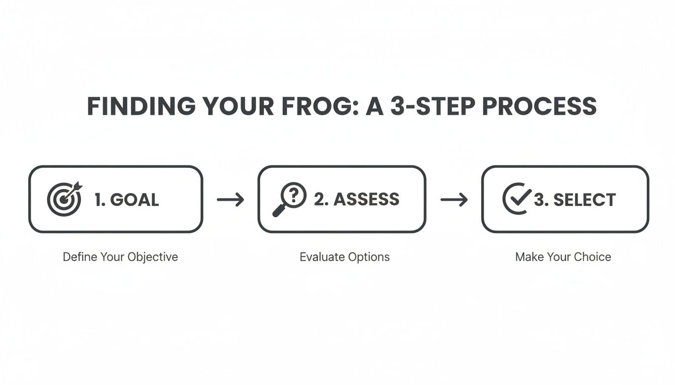 Diagram illustrating 'Finding Your Frog: A 3-Step Process' with steps: Goal, Assess, and Select.