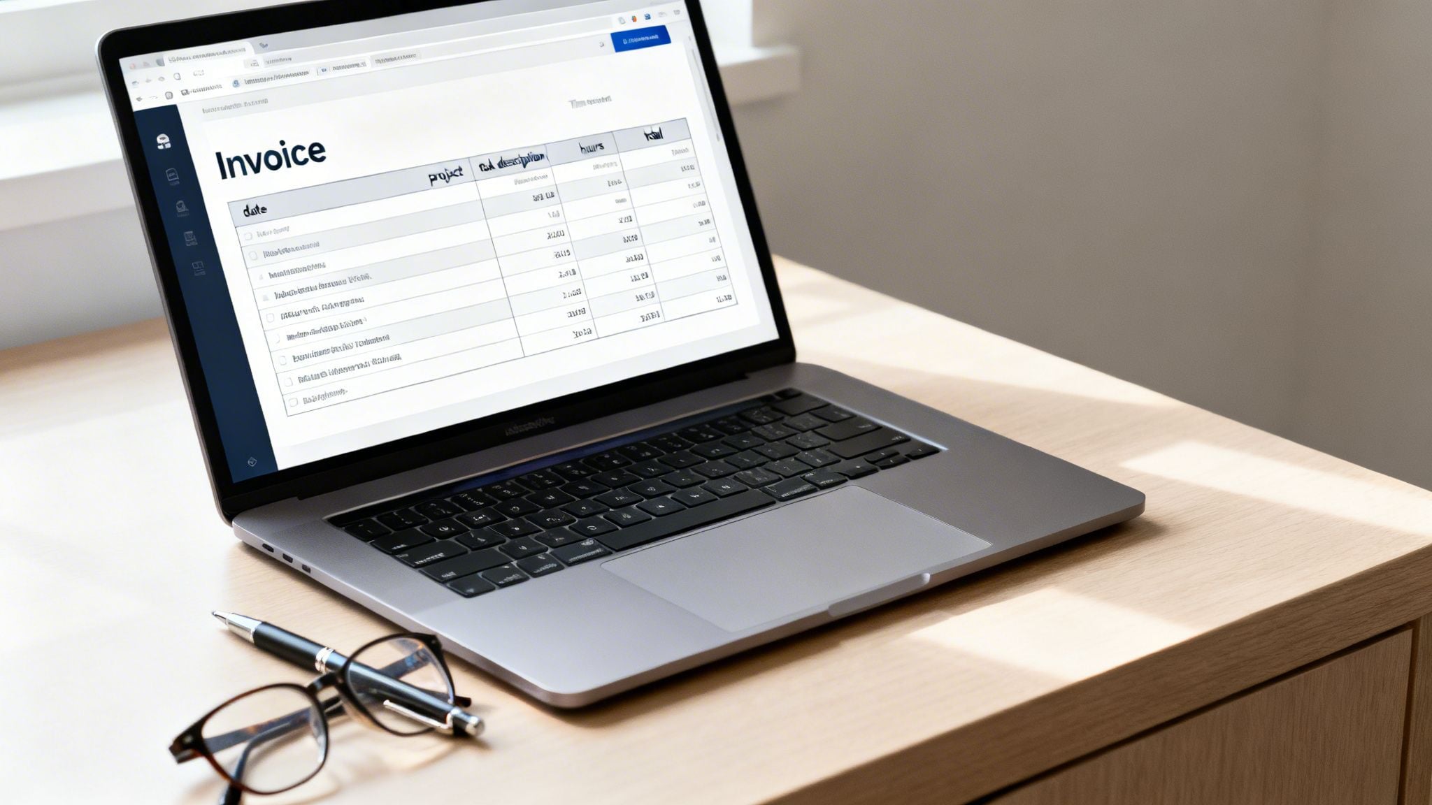 A laptop displaying an invoice document, next to a pen and reading glasses on a wooden desk.